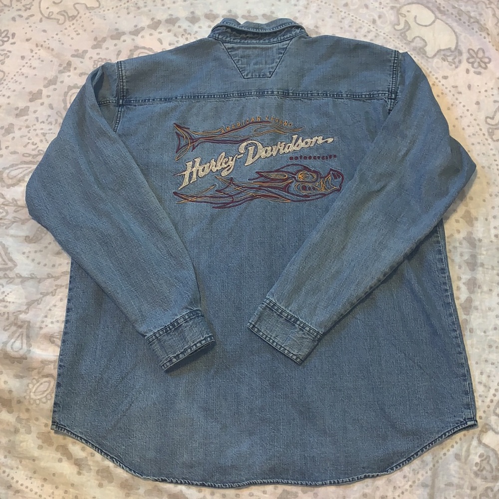 Harley Davidson Flying Hog Pig Embroidered Denim Jean Button Down Shirt XXL Tall